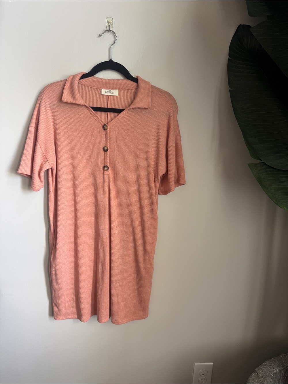 Ribbed coral Collared Button Knit Shift Dress